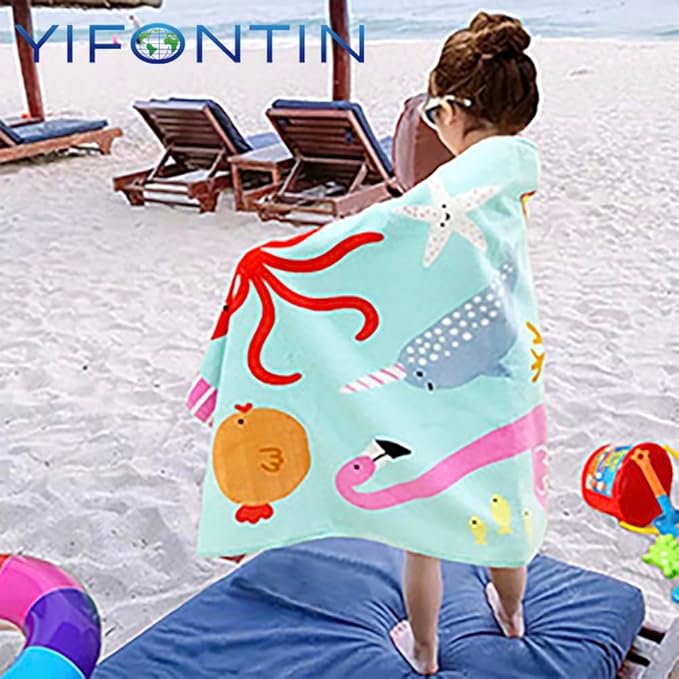 YIFONTIN Beach Towel for Kids Velour Terry Blanket Throw 100% Cotton 25.5X51 inches for Swimming Bath Travel Camping and Picnic, Flamingo Lobster Octopus.