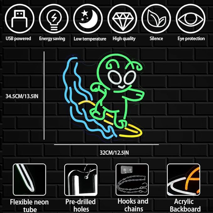 Alien Surfing Neon Sign for Wall Decor, Dimmable Green Alien Neon Light,USB Powered Alien Led Light Up Sign for Man Cave Bedroom Game Room Bar Pub Party Home Decor