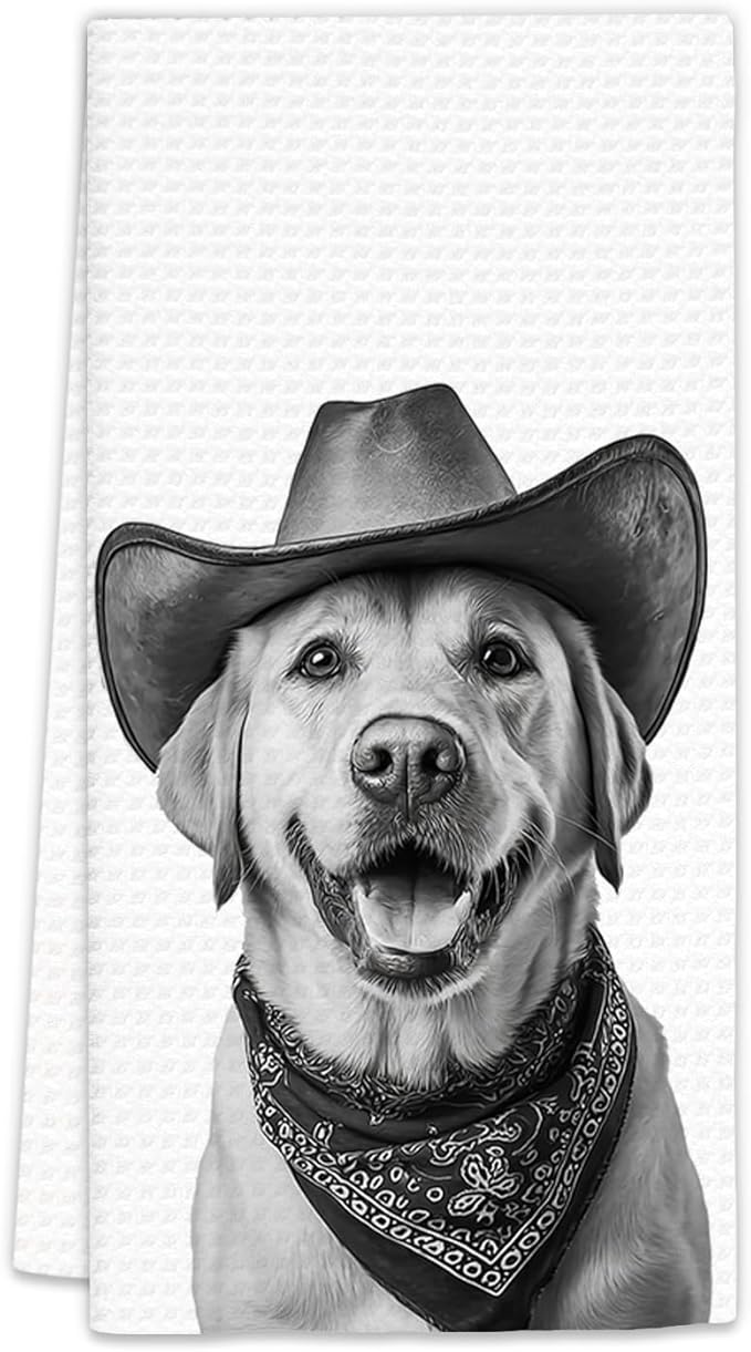 Labrador Retriever Gifts Western Dog Kitchen Towels, Gifts for Labrador Retriever Lovers Cowboy Decorative Hand Dish Tea Towel for Kitchen, Funny Dog Cowboy Cowgirl Home Bathroom Decor(16x24In)