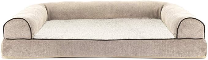 Furhaven Orthopedic Dog Bed for Large/Medium Dogs w/ Removable Bolsters & Washable Cover, For Dogs Up to 55 lbs - Sherpa & Chenille Sofa - Cream, Large