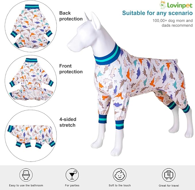 LovinPet Pitbull Pajamas for Dogs Male - Undershirt for Dog Hoodies,Dogs Pajamas,Lightweight Stretchy Fabric,White/Slate/Mint Dinosaur Print,Uv Protection,Easy to Wear Dog Jumpsuit,2XL