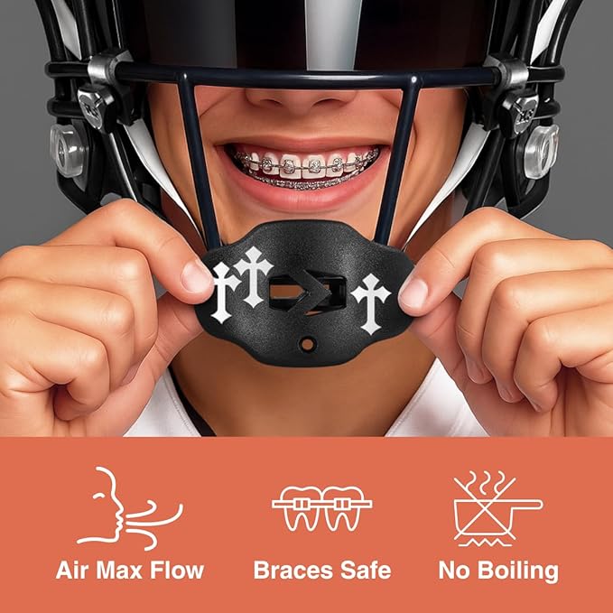 SLEEFS Football Mouth Guard - Youth Mouthguard with Strap - Lip/Teeth Protector Mouthpiece - No Boil - for Youth/Adults, Maximum Air Flow, for All Sports - Gothic Cross Black