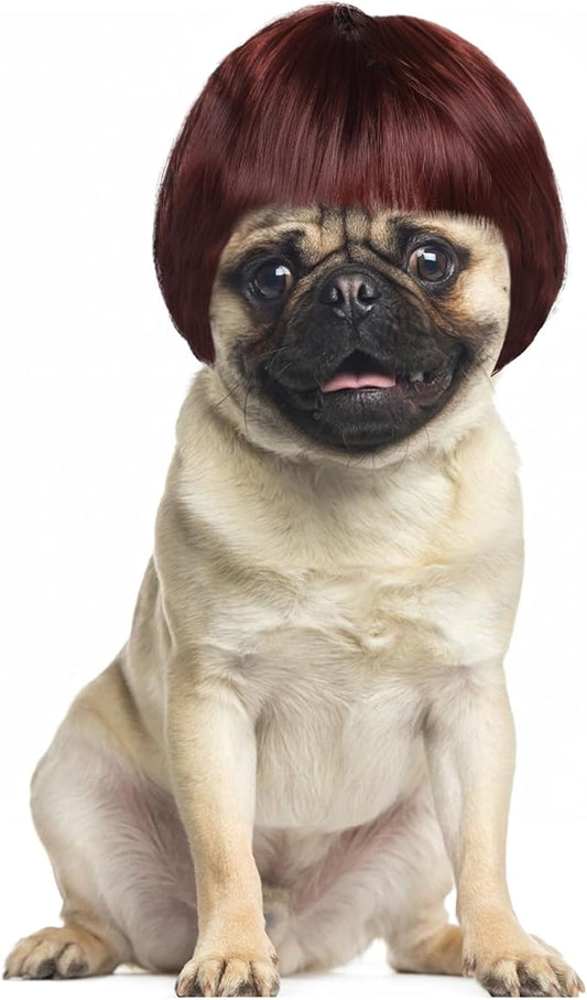 Dog Wigs for Small Dogs, Funny Dog Wig Pet Costume Pet Hair Accessories Elastic Cat Dogs Cosplay Wig Decoration for Halloween, Christmas, Parties（Reddish-Brown, 7 Inches）
