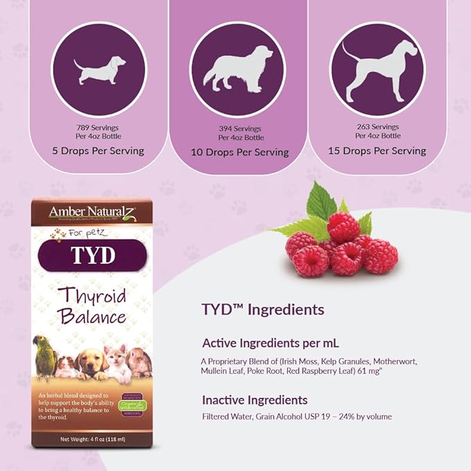 Amber NaturalZ TYD Thyroid Balance Herbal Supplement for Dogs, Cats, Birds, Guinea Pigs, and Rabbits | Herbal Pet Supplement for Thyroid Health | 4 Fluid Ounce Glass Bottle | Manufactured in The USA