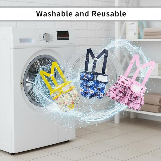 Washable Female Dog Diaper with Suspender - 3 Pack Reusable Super Absorbent & Leakproof Fixed Doggie Diapers for Dogs in Heat Cycle