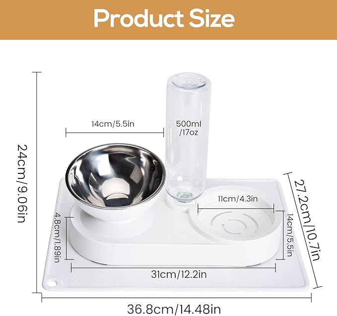2 in 1 Elevated Dog Cat Bowls, 15°Tilted Pets Water and Food Bowl Set, Pet Feeding Bowls with Automatic Water Bottle and Feeding Mat for Kittens and Small Dogs, White