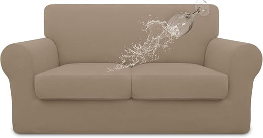 Easy-Going 100% Dual Waterproof 3 Pieces Loveseat Cover Stretch Soft Couch Cover for Dogs, Sofa Slipcover for 2 Separate Cushion Couch Leakproof Furniture Protector for Kids, Pets Camel