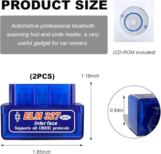 2 PCS OBDII Car Auto Diagnostic Scanner, ELM327 Automotive Bluetooth Scan Tool and Code Reader, Professional Car Bluetooth Engine Fault Code Reader, Universal Car Accessories (2 PCS)
