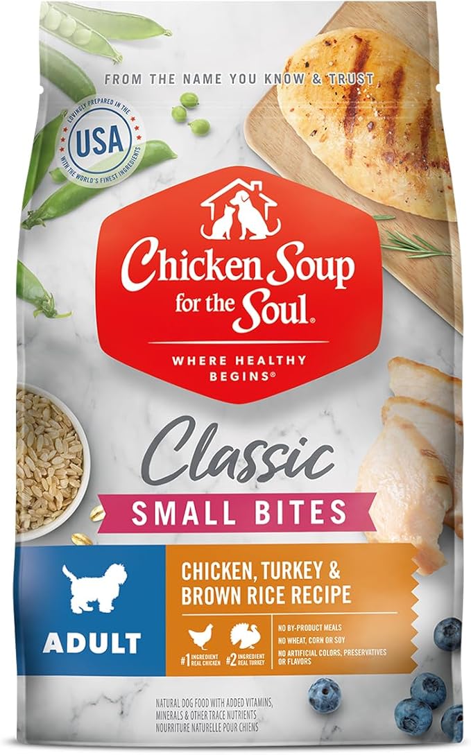 Chicken Soup for The Soul All Natural Premium Small Bites Adult Dry Dog Food, Real Meat First Ingredient, No by-Products, Supports Gut & Immune Health, Chicken, Turkey & Brown Rice, 13.5lb