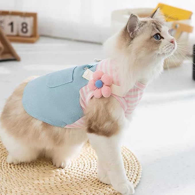 ANIAC Denim Small Puppy Dress 3D Flowers Girl Dog Clothes with D-Ring and Pocket Striped Female Cat Harness Dresses Shih Tzu Yorkies Chihuahua Outfits Summer Pet Clothing (Large, 3D Pink Flowers)