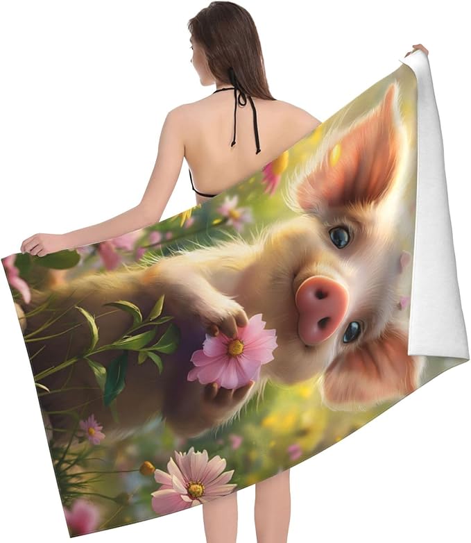 Piglet Beach Towel 31inx51in, Cute Farm Animal Sand-Free Microfiber Bath Towel Ultra Soft Quick Dry Pool Towel Absorbent Towel Lightweight Towel for Swimming Bathroom Decor