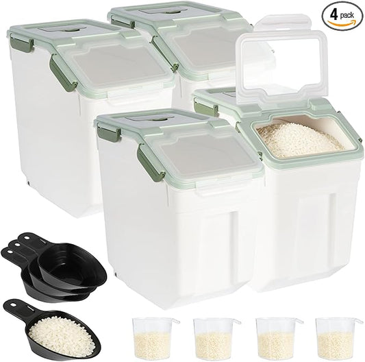 4 Pack Rice Container 25 lbs Large Bulk Flour Sugar Storage Holdhouse Plastic Grain Cereal Dry Goods Bin with Spoon and Measuring Cup for Kitchen Pantry Organization - Green