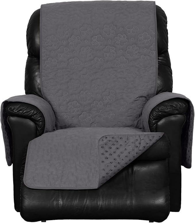 Furhaven Waterproof & Non-Slip Recliner Chair Cover Protector w/ Side Pockets for Dogs, Cats, & Children - Quilted Paw Print Living Room Furniture Cover - Gray, Recliner