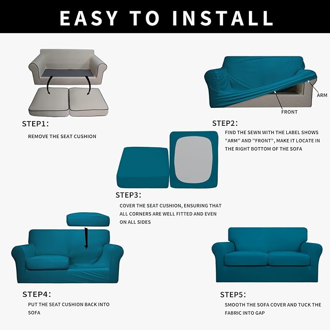 Easy-Going 100% Dual Waterproof 3 Pieces Loveseat Cover Stretch Soft Couch Cover for Dogs, Sofa Slipcover for 2 Separate Cushion Couch Leakproof Furniture Protector for Kids, Pets Peacock Blue
