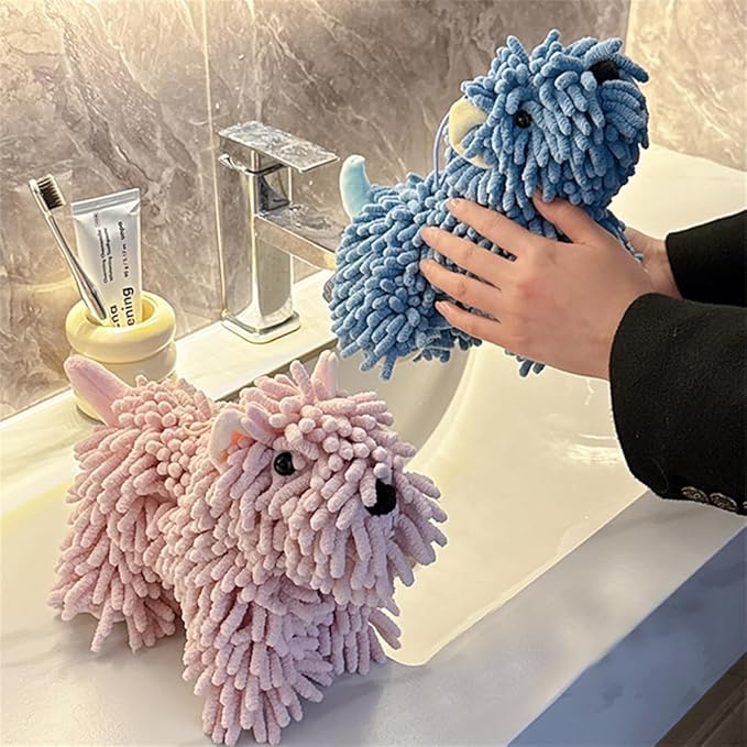 Chenille Hand Towel - Cute Cartoon Dog Plush Fuzzy Ball Hand Towel, Super Absorbent Hanging Kitchen & Bathroom Towels for Kids, Soft Hand Drying Puff for Bath, Washstand (Dark Brown)