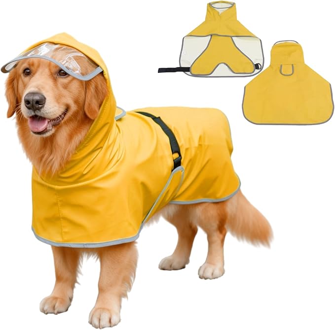 Dog Poncho Hooded Raincoat for Puppies & Small to Large Dogs, Reflective Strips for Night Safety, Lightweight & Adjustable Fit (Large, Yellow)