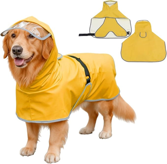 Dog Poncho Hooded Raincoat for Puppies & Small to Large Dogs, Reflective Strips for Night Safety, Lightweight & Adjustable Fit (Large, Yellow)