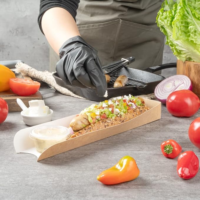 Restaurantware-Bio Tek 11.8 x 2 x 1.3 Inch Hot Dog Trays Pak of 200 Open-Design Hot Dog Containers - 3-Walled, Greaseproof, Recyclable, Disposable, Kraft Paper Serving Trays For Food Trucks