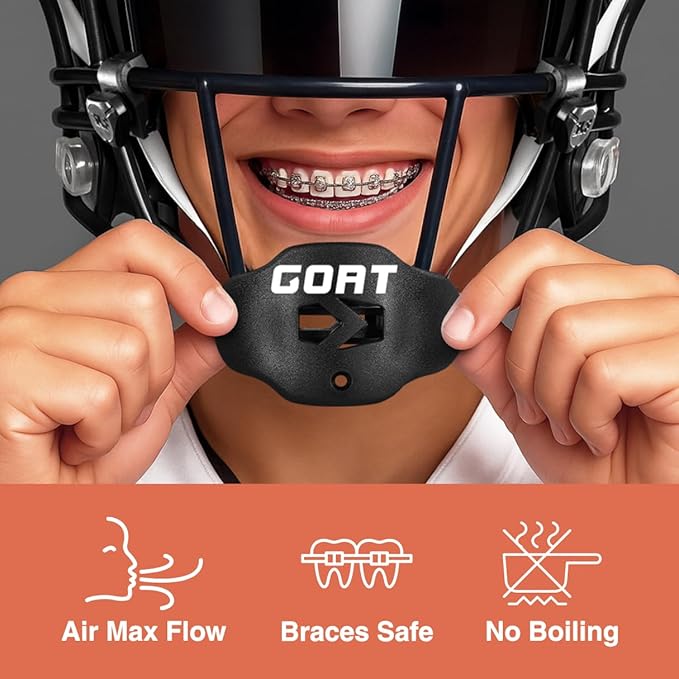 SLEEFS Football Mouth Guard - Youth Mouthguard with Strap - Lip/Teeth Protector Mouthpiece - No Boil - for Youth/Adults, Maximum Air Flow, for All Sports - Goat Black