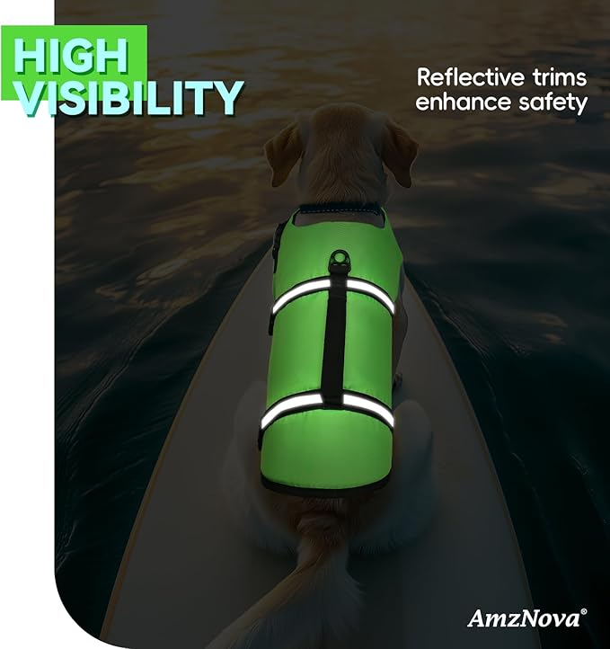 AMZNOVA Rip Stop Dog Life Jacket, Dog Life Vest for Swimming & Boating, Lightweight & Buoyancy for Doggy Puppy, Lifejacket with Handle, M, Bright Green