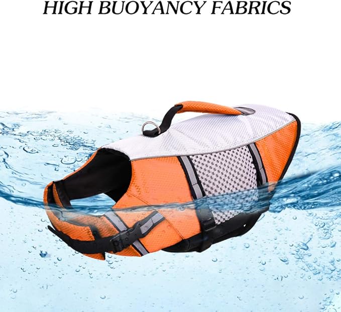 Dog Life Jacket Swimming Vest Lightweight High Reflective Pet Lifesaver with Lift Handle, Leash Ring Orange,L