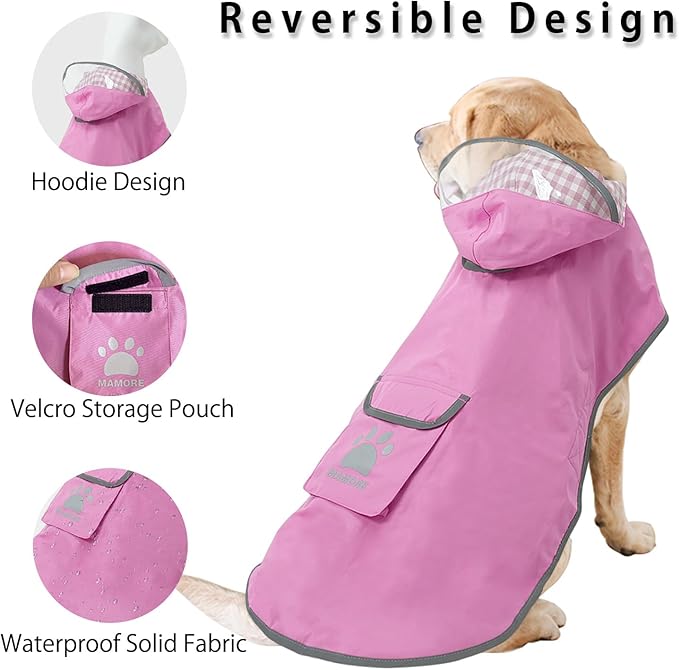 MAMORE Dog Raincoat Reversible,Waterproof Dog Rain Coat Hooded Slicker Poncho with Reflective Strip, Plaid Double Layer Rain Jacket for Small Medium Large Dogs (Dark Pink, Small(9-13lb))