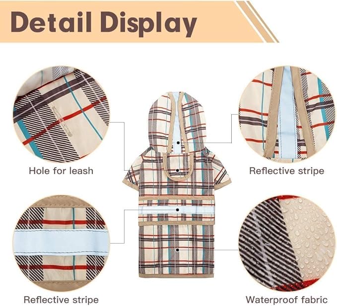 KOOLTAIL Dog Raincoat Hooded Slicker Poncho with Leash Hole, Raincoat for Small Medium Dogs, Waterproof Doggie Rain Jacket with Reflective Strip, Adjustable Breathable Plaid Puppy Rainwear-Beige XS