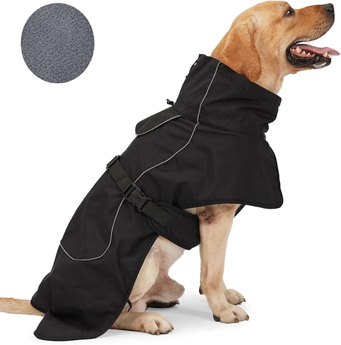 Raincoat - Waterproof Winter Jacket for Dogs, Windproof Coat With Velvet Inner and Reflective Strip, Black L