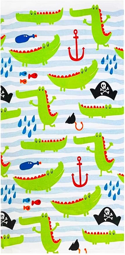YIFONTIN Kids Beach Towel Super Soft Absorbent Cotton Blanket 25.5”X51.0” for Bath Swimming Camping, Gator Crocodile Pirate.