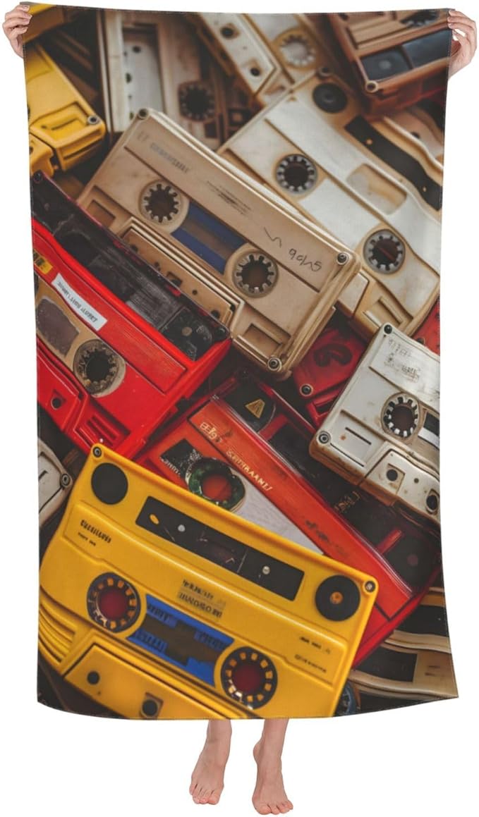 Retro Cassette Tape Beach Towel Music Sand-Free Microfiber Bath Towel Ultra Soft Quick Dry Pool Towel Absorbent Towel Lightweight Towel Gifts for Outdoor Bathroom Swimming Decor 31inx51in