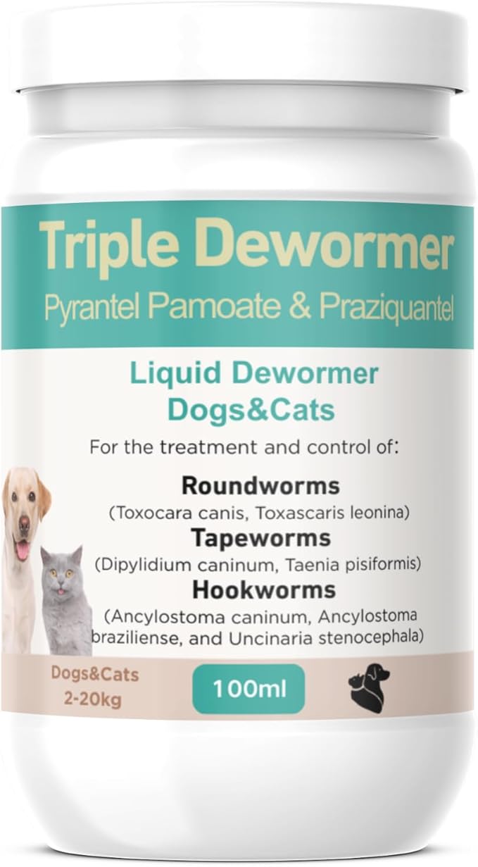 Dewormer Liquid for Cats and Dogs Broad Spectrum,Pyrantel Pamoate and Praziquantel Targets Tapeworm Roundworm and Hookworm Fast Acting Solution for Puppy Kitten Small Medium Large Breeds 100ML