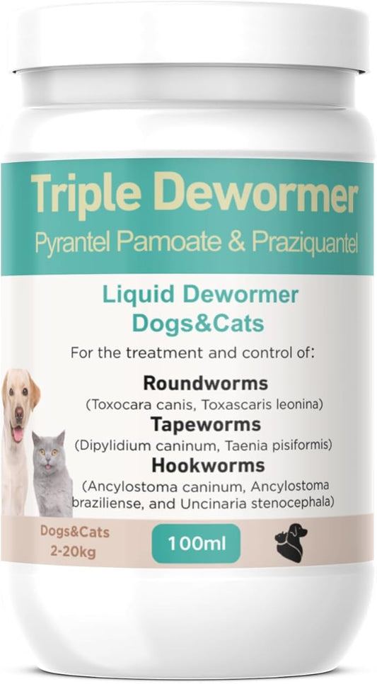 Dewormer Liquid for Cats and Dogs Broad Spectrum,Pyrantel Pamoate and Praziquantel Targets Tapeworm Roundworm and Hookworm Fast Acting Solution for Puppy Kitten Small Medium Large Breeds 100ML