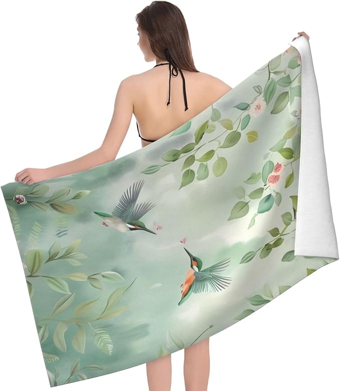 Floral Hummingbird Beach Towel 31inx51in, Bird Sand-Free Microfiber Bath Towel Ultra Soft Quick Dry Pool Towel Absorbent Towel Lightweight Towel for Swimming Bathroom Decor