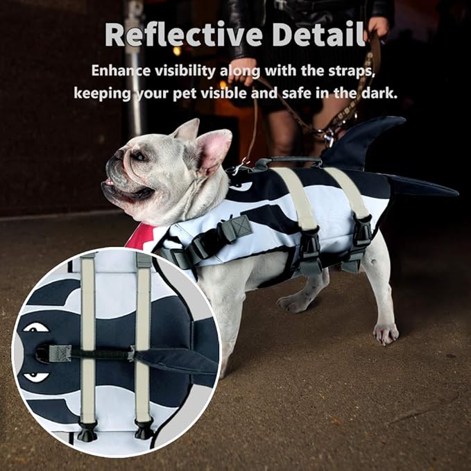 Dog Life Jacket Ripstop Pet Safety Floatation Vest Adjustable Dog Life Preserver Reflective Durable Rescue Handle Pet Lifesaver for Small Medium Large Dogs Swimming Beach Boating（Shark, M）