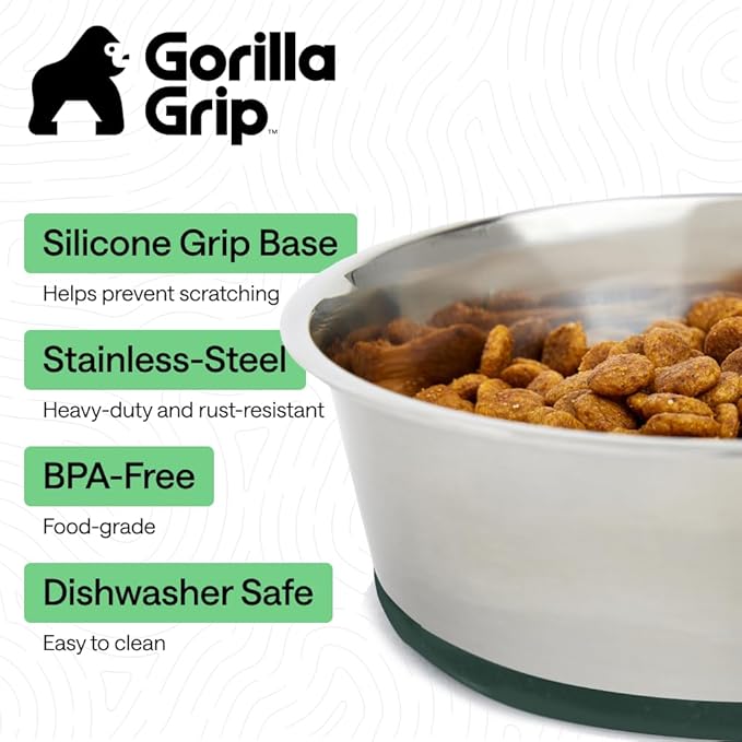 GORILLA GRIP Dog Bowls, Heavy Duty 304 Stainless Steel, Holds 6 Cups Each (48 fl oz) Food and Water Bowl for Feeding Dogs and Cats, Dishwasher Safe, Rust Resistant, BPA Free Rubber Base Set of 2 Green