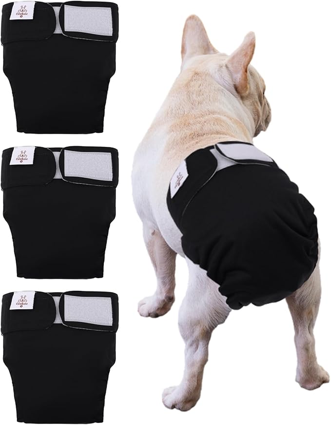 CuteBone Washable Dog Diapers Female No Tail Hole 3 Pack Reusable Doggie Period Training Pants for Docked-Tail Frenchie French Bulldog Boston Terrier Without Tail WWD21S