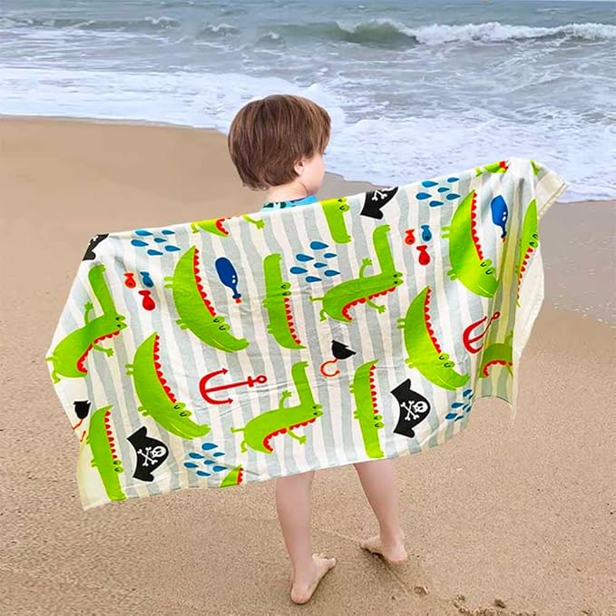 YIFONTIN Kids Beach Towel Super Soft Absorbent Cotton Blanket 25.5”X51.0” for Bath Swimming Camping, Gator Crocodile Pirate.