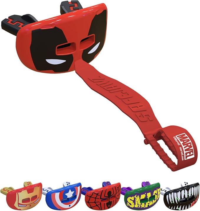 Marvel Deadpool Lip Guard, Football Mouth Guard with Detachable Strap, Lip Protector Adults and Junior, Football & Lacrosse (One Size, Red)