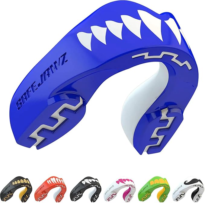 SAFEJAWZ Mouth Guard, Dual Layer Mouthguard for Youth with Case, Easy Fit Remoldable Mouthpiece for Football, Boxing, Lacrosse, MMA, Basketball & All Contact Sports (Kids <11 Years, Shark Blue)