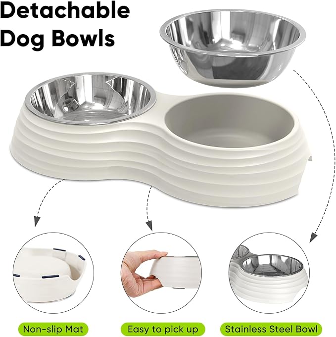 Stainless Steel Dog Bowls Set, Double Food & Water Bowls for Dogs, Dual Dog Food Bowl with 2 Small (6oz*2) Bowl, Non-Slip Pet Bowls Suitable for Puppies, Kittens and Small Breed Dogs (White)