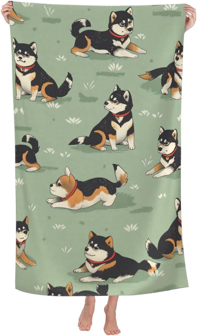 Cute Shiba Inu Beach Towel,32x52in Microfiber Quick Dry Cartoon Dog Puppy Green Bath Towels,Soft Lightweight Oversized Sand Free,for Travel Pool Swimming Gym Decor,Gifts