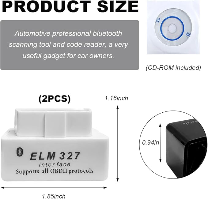 2 PCS OBDII Car Auto Diagnostic Scanner, ELM327 Automotive Bluetooth Scan Tool and Code Reader, Professional Car Bluetooth Engine Fault Code Reader, Universal Car Accessories (White)
