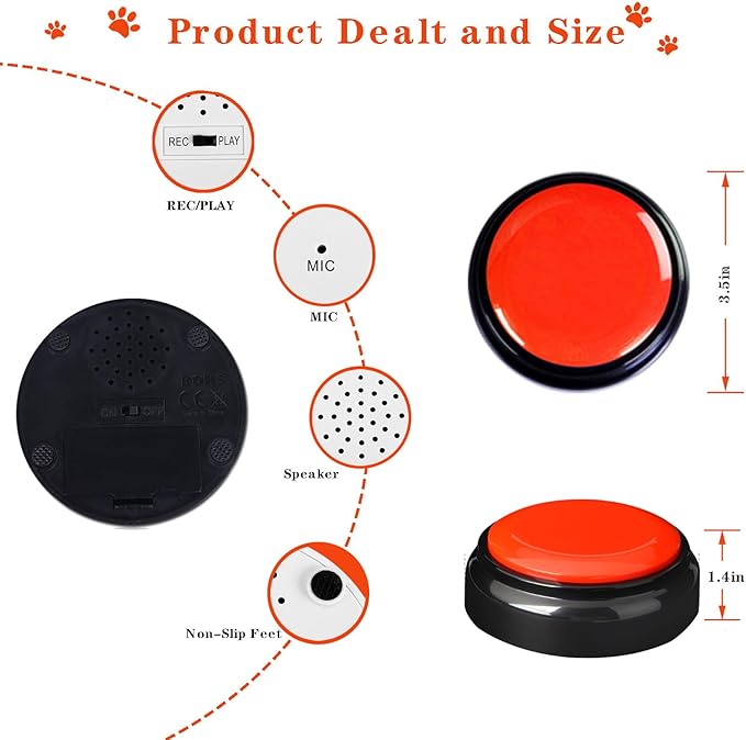Record Talking Button Easy Button Recording Voice Button Funny OfficeToys Multifunctional Dog Buttons Talk for Communication-Classroom-Friendly Recordable Sound Buttons Buzzer Button（Black+Red