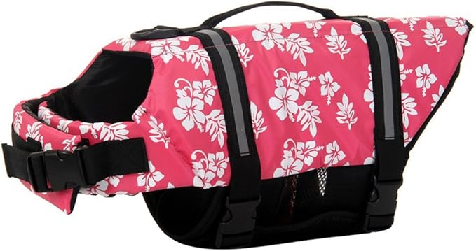 ChezAbbey Dog Life Jacket Adjustable Dog Lifevest Swimsuit Safety Vest Apparel Lifesaver Coat for Small Large Cats Puppy Kitty with Handle Reflective for Swimming and Boating Pink Flower M