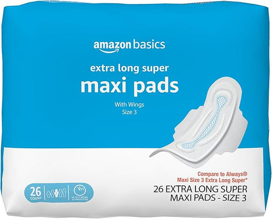 Amazon Basics Thick Maxi Pads with Wings for Periods - Extra Long Length, Super Absorbency, Unscented, Feminine Pads, Size 3, 26 Count