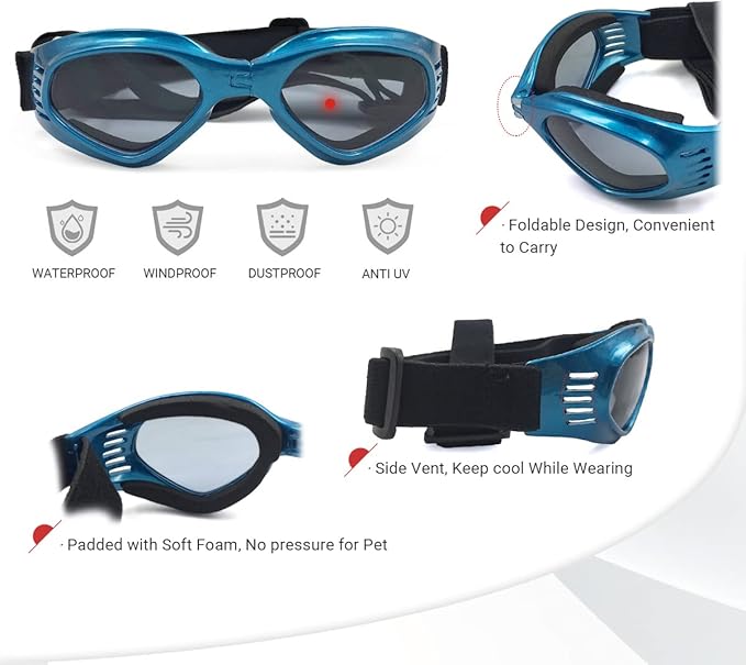 NAMSAN Dog Goggles for Small to Medium Dogs, Dog Sunglasses UV Protection for Medium Dogs Outdoor Cycling Driving, Small Puppy Glasses Dog Eye Protection, Anti-Fog Windproof, Adjustable, Blue