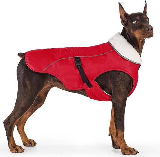 EMUST Dog Cold Weather Coats, Fleece Lining Small/Medium/Large Dog Jacket for Winter, Warm Waterproof Pet Winter Clothes for Large Dogs, Red, XL
