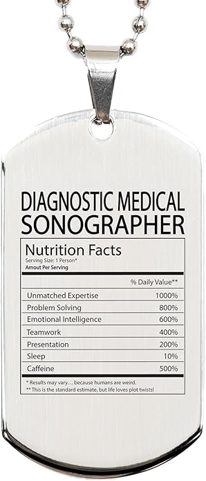 DesiDD Funny Diagnostic Medical Sonographer Gifts - Nutrition Facts Dog Tag Necklace for Ultrasound Technologist Staff Employee Men, Women - Silver Stainless Steel - Christmas, Birthday