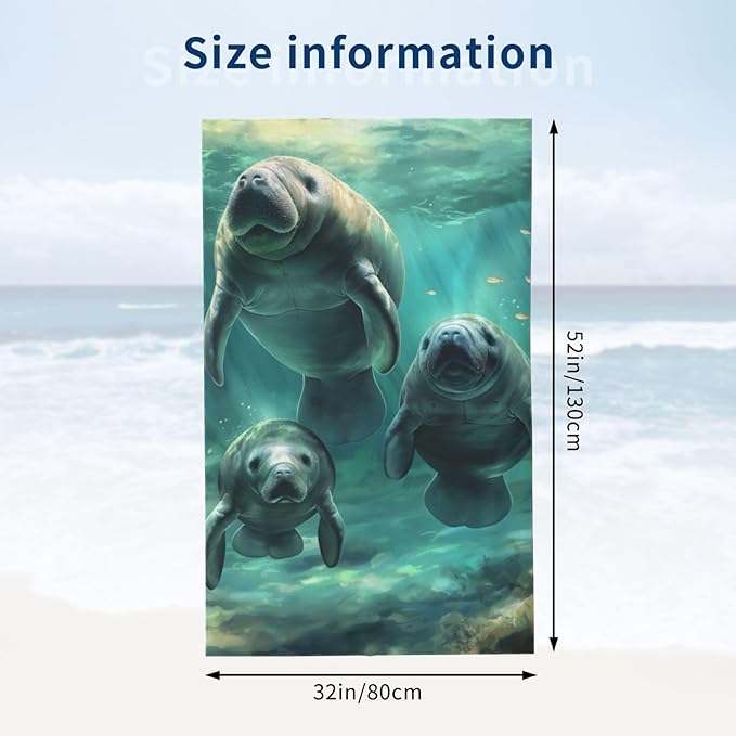 Manatee Beach Towel Animal Sand-Free Microfiber Bath Towel Ultra Soft Quick Dry Pool Towel Absorbent Towel Lightweight Towel Gifts for Outdoor Bathroom Swimming Decor 31inx51in