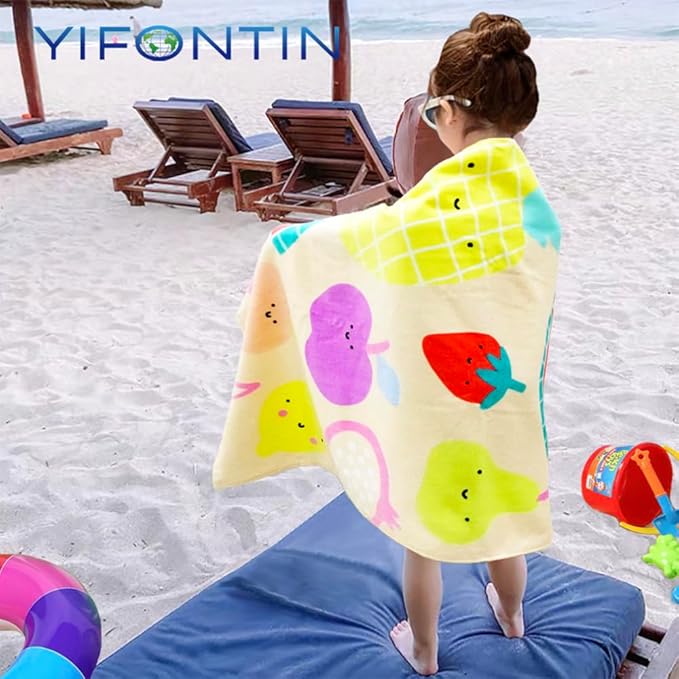YIFONTIN Beach Towel for Kids Velour Terry Blanket Throw 100% Cotton 25.5X51 inches for Swimming Bath Travel Camping and Picnic, Pineapple Watermelon.